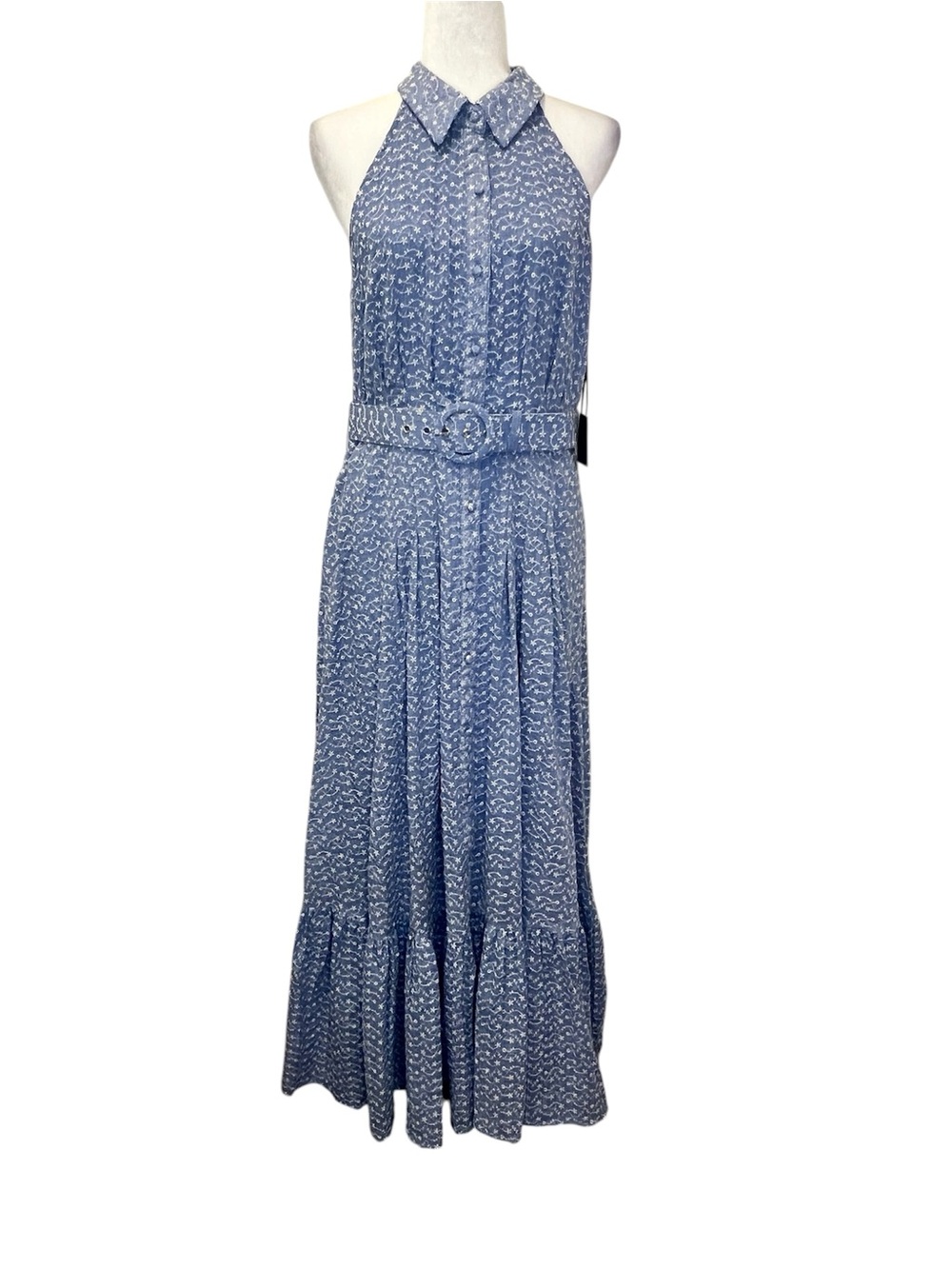CeCe Blue Halter Shirt-Collar Belted Maxi Dress Size Medium